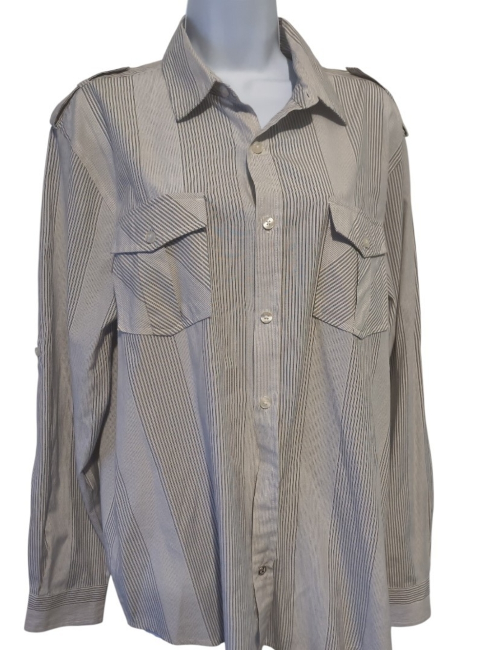 Men's Light Gray and White Striped Button-Up Shirt